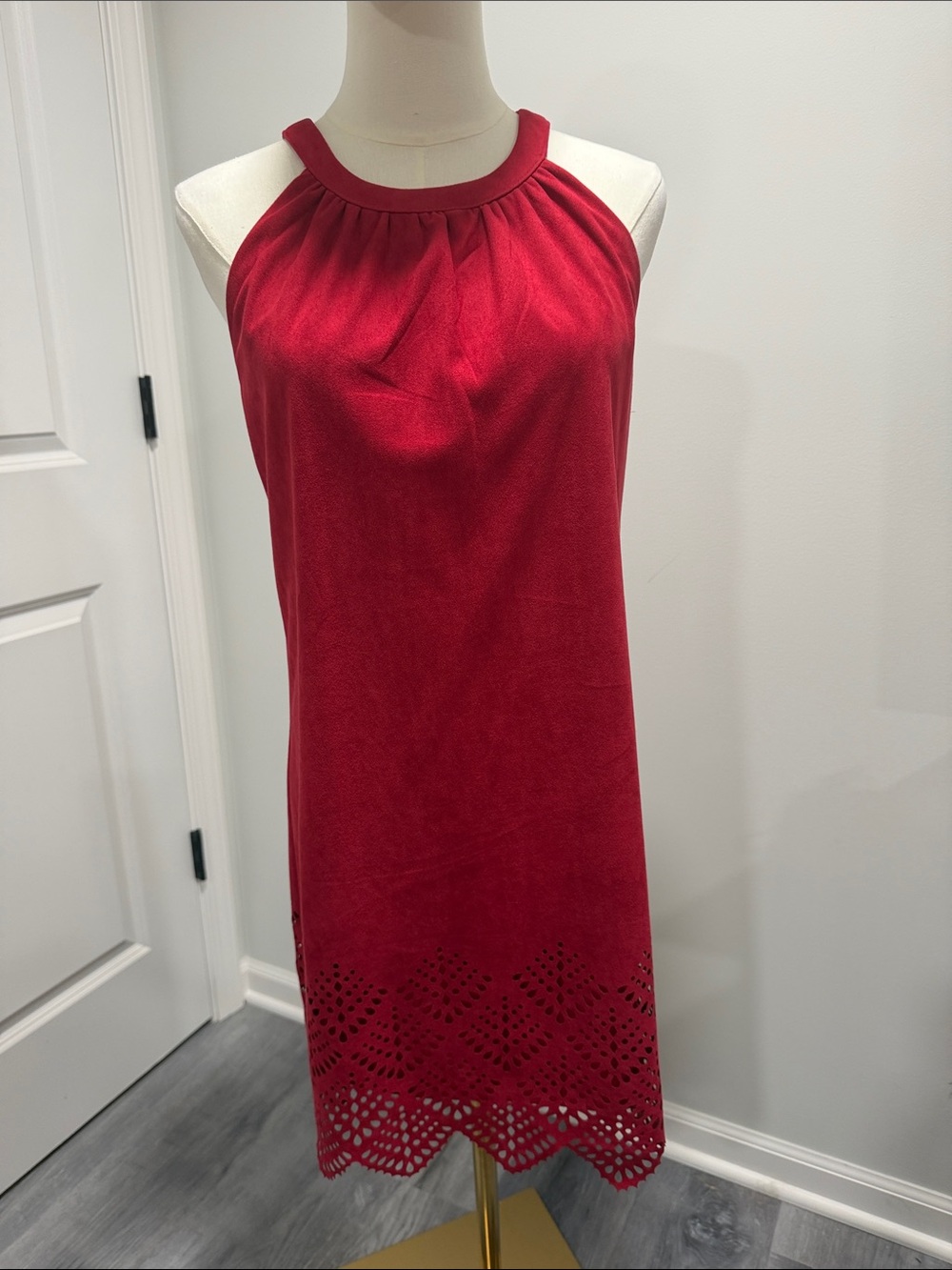Alya Red Sleeveless suede like lined Halter Mini
